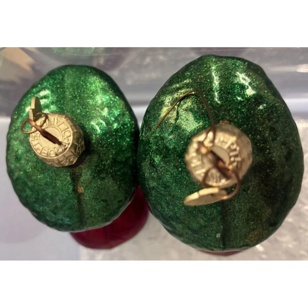 Set of 2 Dept 56 Blown Glass Red & Green Glitter Santa Boot Ornaments 3.5